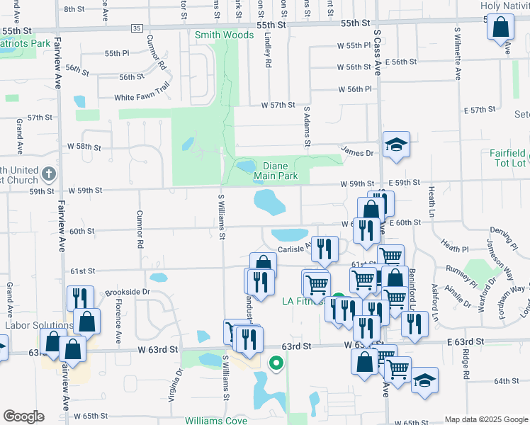 map of restaurants, bars, coffee shops, grocery stores, and more near 300 West 60th Street in Westmont