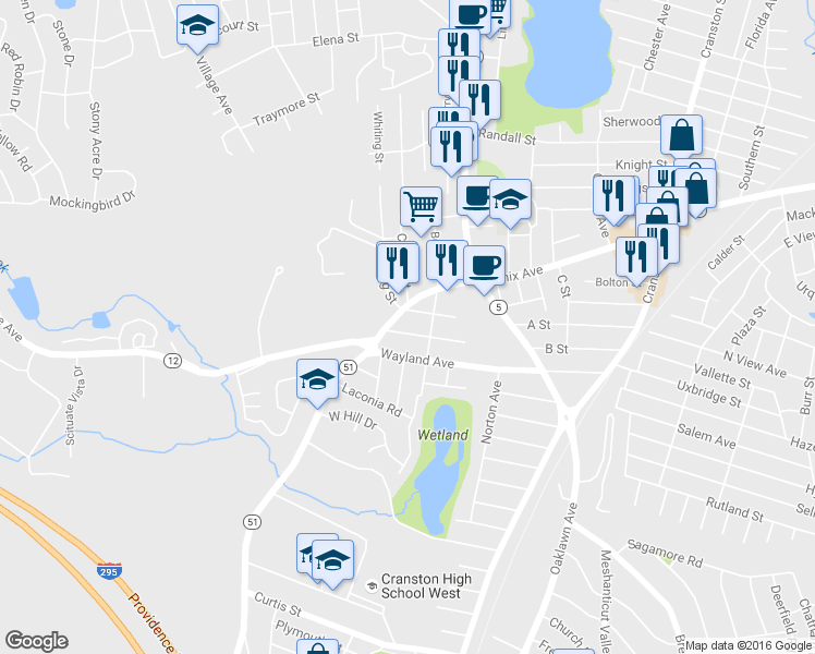 map of restaurants, bars, coffee shops, grocery stores, and more near 22 Elmhurst Avenue in Cranston