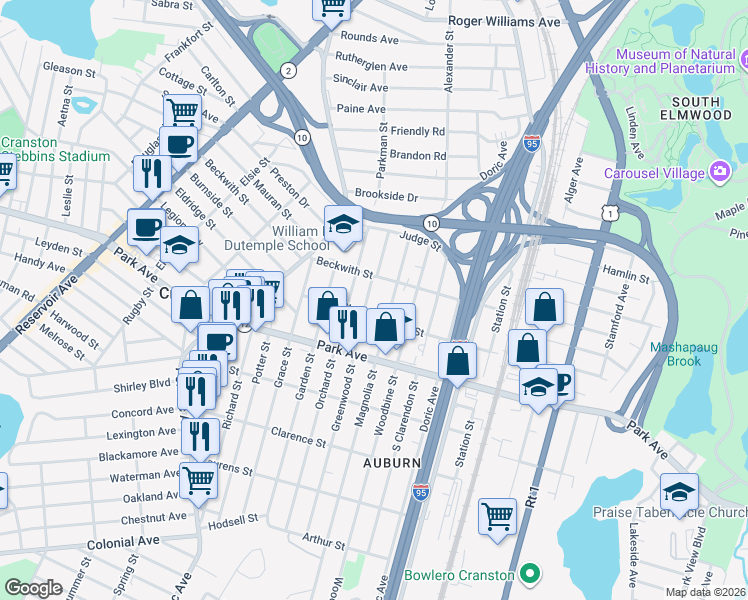 map of restaurants, bars, coffee shops, grocery stores, and more near 81 Greenwood Street in Cranston