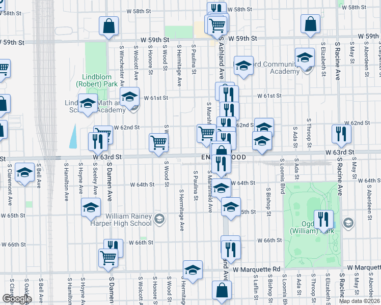 map of restaurants, bars, coffee shops, grocery stores, and more near 1708 West 63rd Street in Chicago