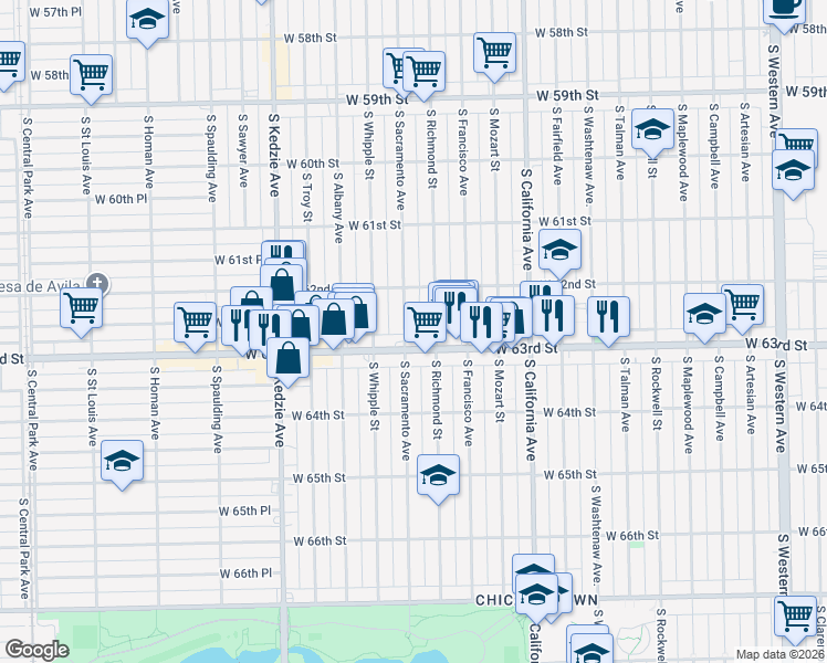 map of restaurants, bars, coffee shops, grocery stores, and more near 2938 West 63rd Street in Chicago
