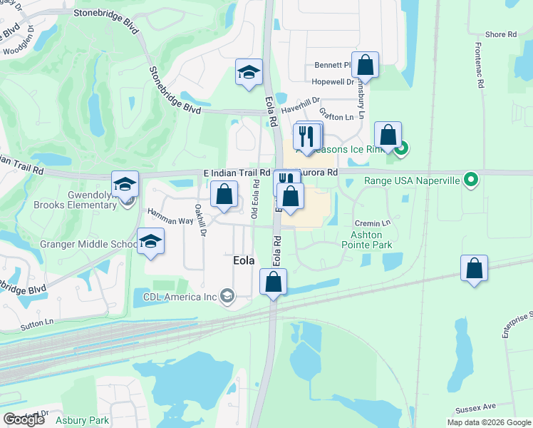 map of restaurants, bars, coffee shops, grocery stores, and more near 6S191 Old Eola Road in Aurora