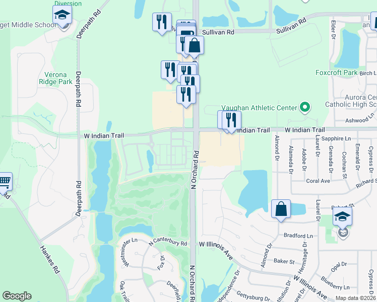 map of restaurants, bars, coffee shops, grocery stores, and more near 2412 Courtyard Circle in Aurora