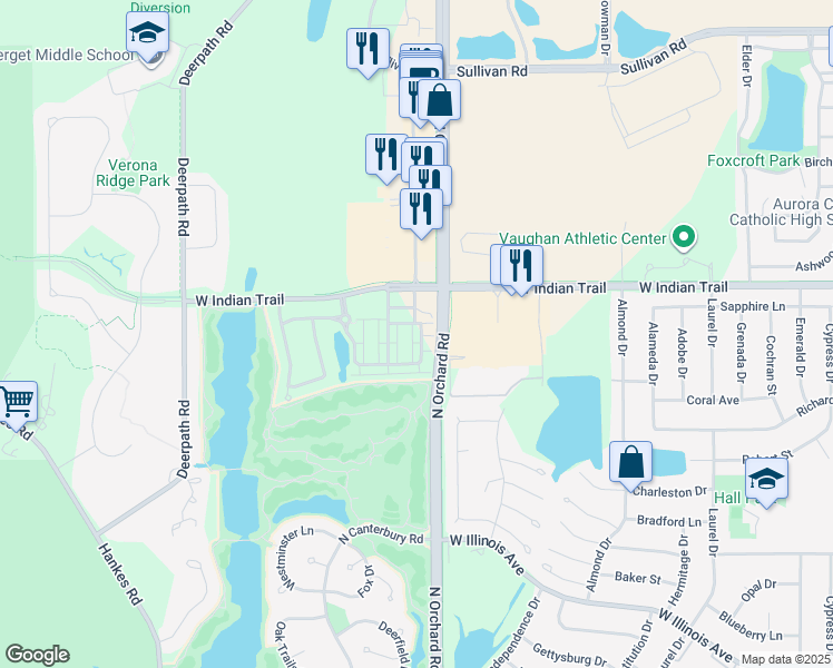 map of restaurants, bars, coffee shops, grocery stores, and more near 2411 Courtyard Circle in Aurora