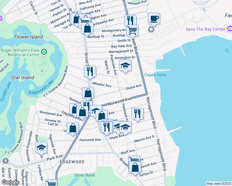 map of restaurants, bars, coffee shops, grocery stores, and more near 156 Grand Avenue in Cranston