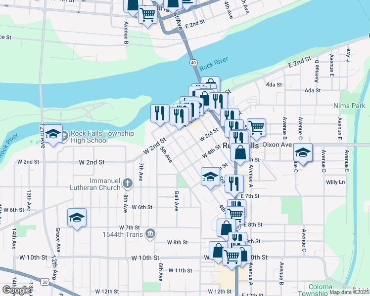 map of restaurants, bars, coffee shops, grocery stores, and more near 217 4th Avenue in Rock Falls