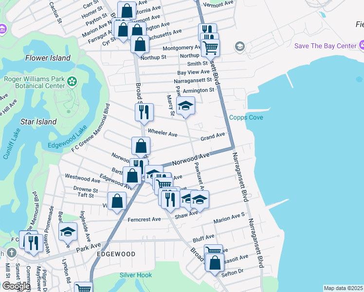 map of restaurants, bars, coffee shops, grocery stores, and more near 156 Grand Avenue in Cranston