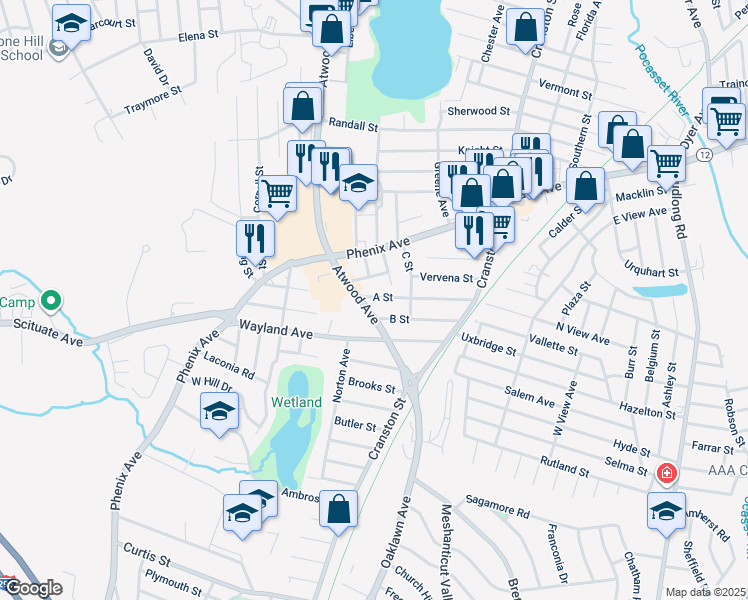 map of restaurants, bars, coffee shops, grocery stores, and more near 99 Atwood Avenue in Cranston