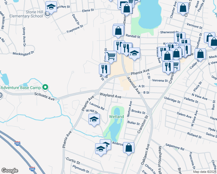 map of restaurants, bars, coffee shops, grocery stores, and more near 22 Elmhurst Avenue in Cranston