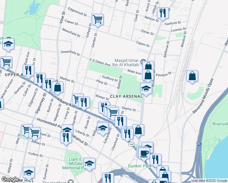 map of restaurants, bars, coffee shops, grocery stores, and more near 106 Mather Street in Hartford