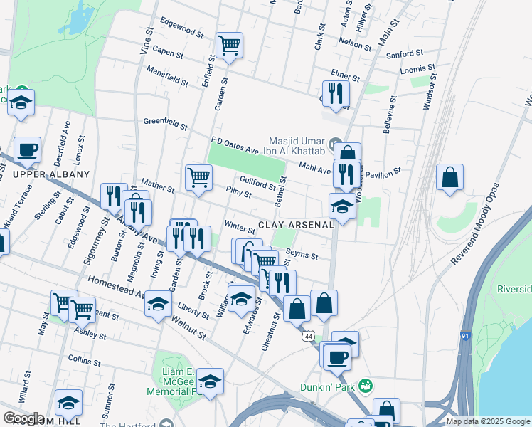 map of restaurants, bars, coffee shops, grocery stores, and more near 106 Mather Street in Hartford