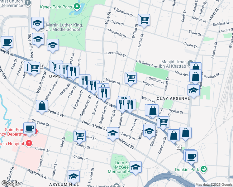 map of restaurants, bars, coffee shops, grocery stores, and more near 100 Magnolia Street in Hartford