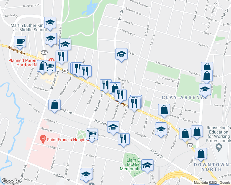map of restaurants, bars, coffee shops, grocery stores, and more near 12 Vine Street in Hartford