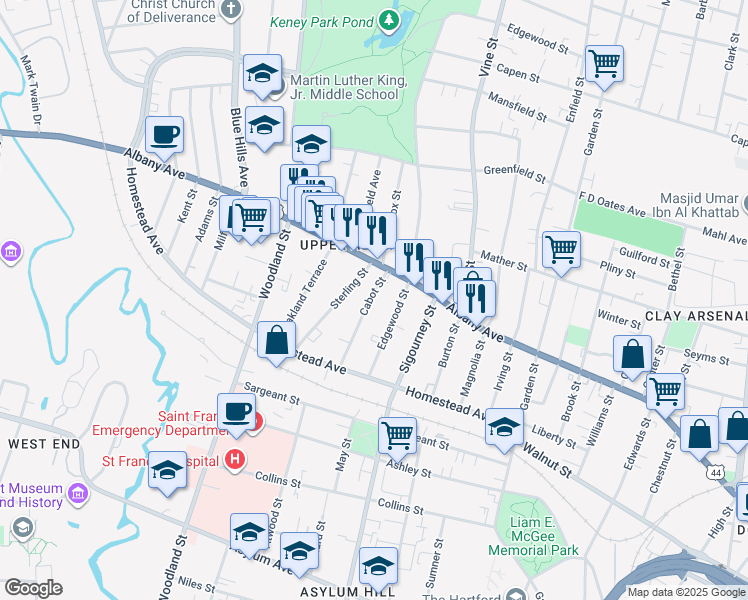 map of restaurants, bars, coffee shops, grocery stores, and more near 64 Cabot Street in Hartford