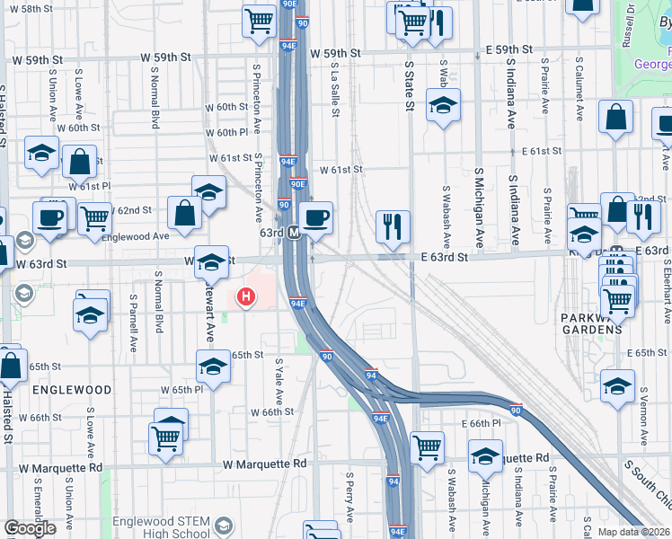 map of restaurants, bars, coffee shops, grocery stores, and more near 145 West 63rd Street in Chicago