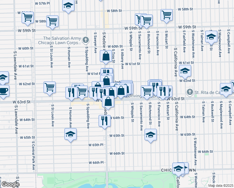map of restaurants, bars, coffee shops, grocery stores, and more near 6242 South Troy Street in Chicago