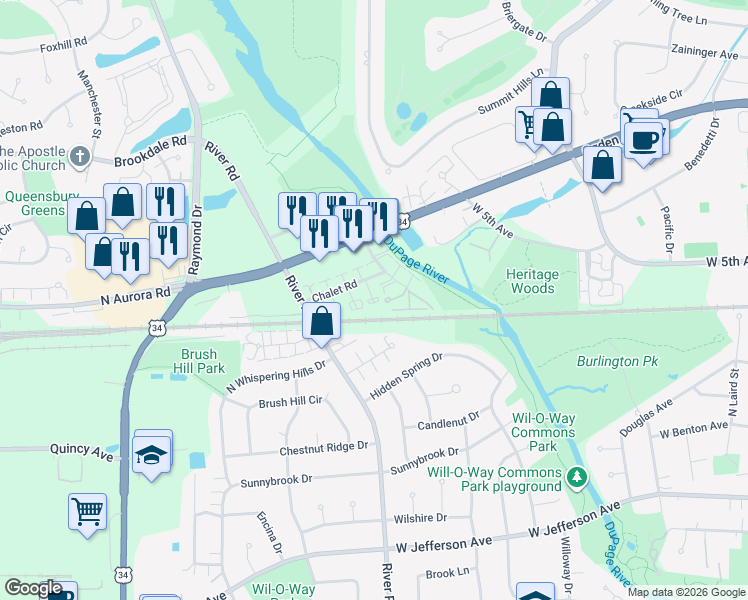 map of restaurants, bars, coffee shops, grocery stores, and more near 1230 Chalet Road in Naperville