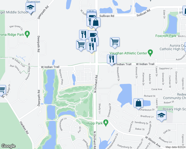 map of restaurants, bars, coffee shops, grocery stores, and more near 2412 Courtyard Circle in Aurora
