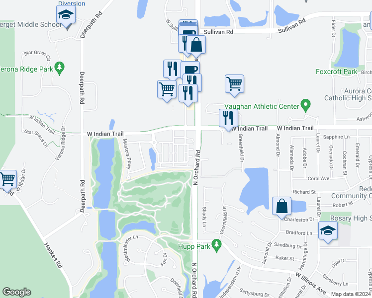 map of restaurants, bars, coffee shops, grocery stores, and more near 1115 Village Center Parkway in Aurora
