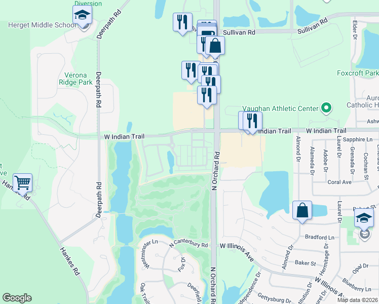 map of restaurants, bars, coffee shops, grocery stores, and more near 2447 Courtyard Circle in Aurora