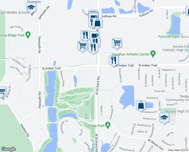 map of restaurants, bars, coffee shops, grocery stores, and more near 2412 Courtyard Circle in Aurora