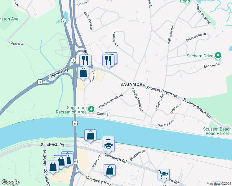 map of restaurants, bars, coffee shops, grocery stores, and more near 6 Pattys Way in Bourne
