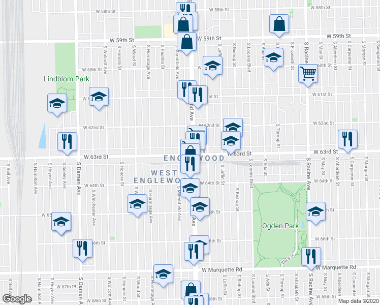 map of restaurants, bars, coffee shops, grocery stores, and more near 1604 West 63rd Street in Chicago