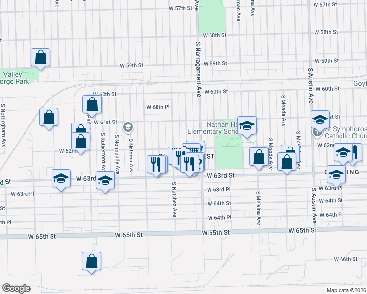 map of restaurants, bars, coffee shops, grocery stores, and more near 6158 South Nagle Avenue in Chicago