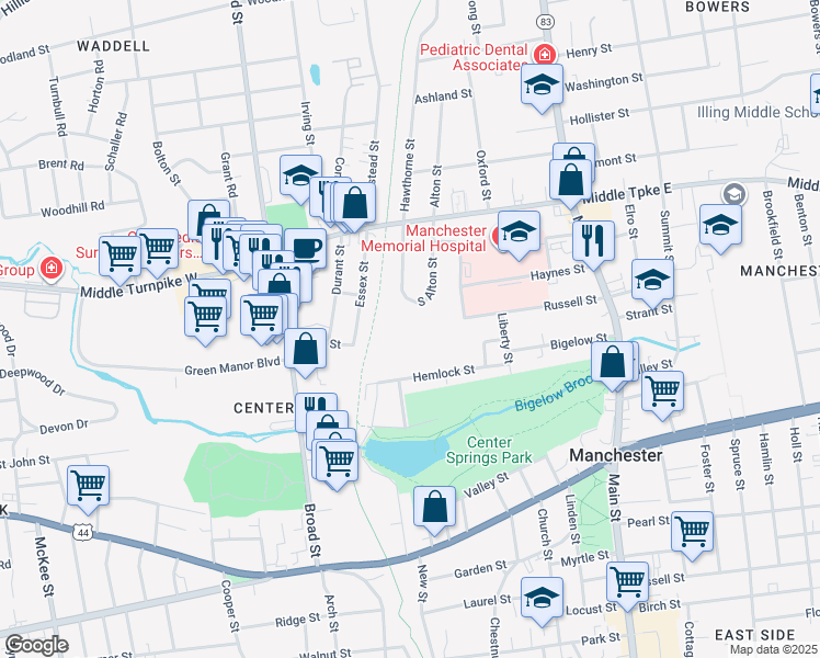 map of restaurants, bars, coffee shops, grocery stores, and more near 77 South Alton Street in Manchester
