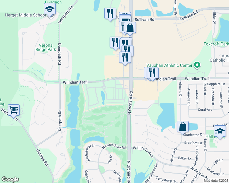 map of restaurants, bars, coffee shops, grocery stores, and more near 2447 Courtyard Circle in Aurora