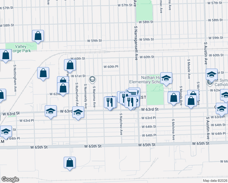 map of restaurants, bars, coffee shops, grocery stores, and more near 6159 South Neenah Avenue in Chicago