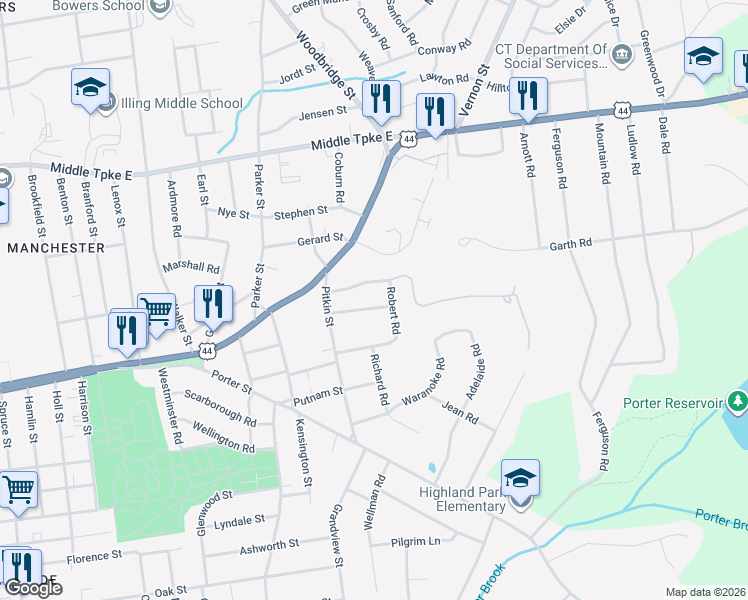 map of restaurants, bars, coffee shops, grocery stores, and more near 43 Elwood Road in Manchester