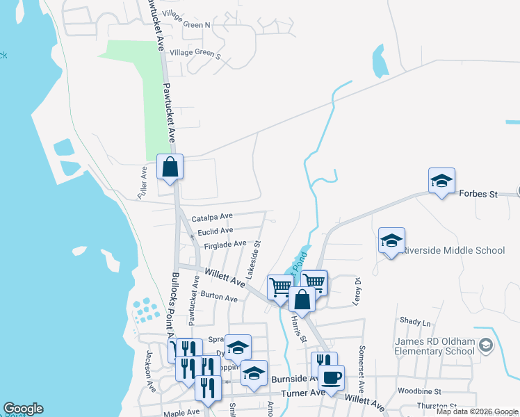 map of restaurants, bars, coffee shops, grocery stores, and more near 102 Catalpa Avenue in East Providence