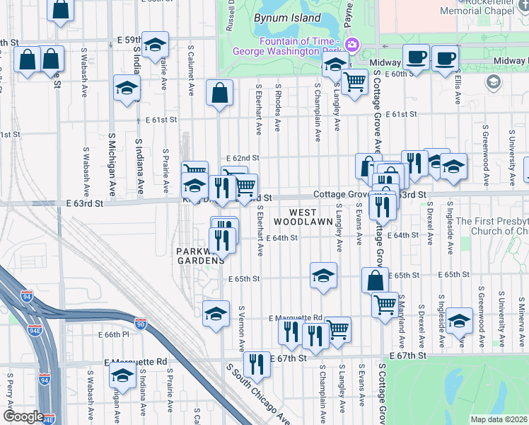 map of restaurants, bars, coffee shops, grocery stores, and more near 6321 South Eberhart Avenue in Chicago