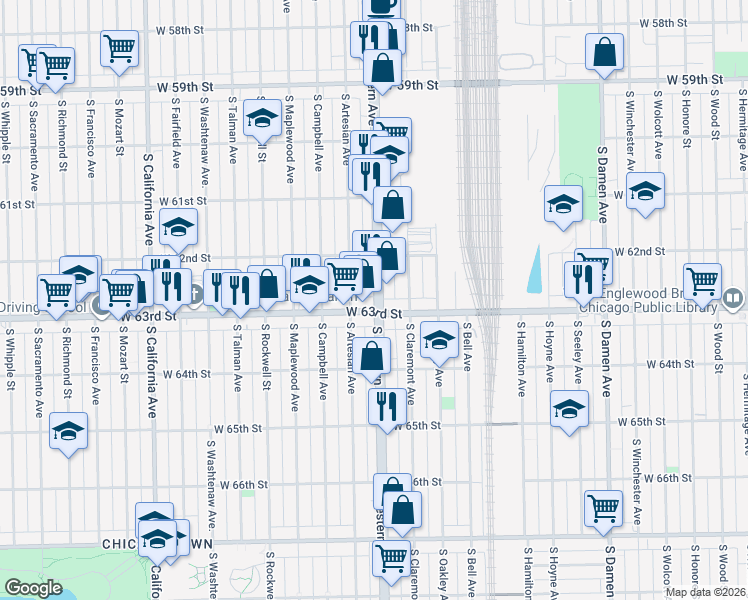 map of restaurants, bars, coffee shops, grocery stores, and more near 6254 South Western Avenue in Chicago