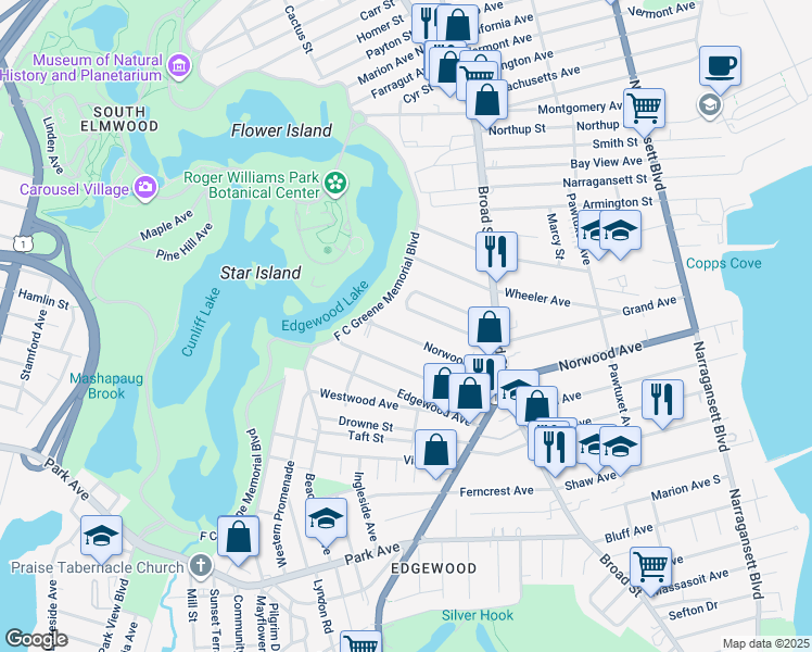 map of restaurants, bars, coffee shops, grocery stores, and more near 299 Norwood Avenue in Providence