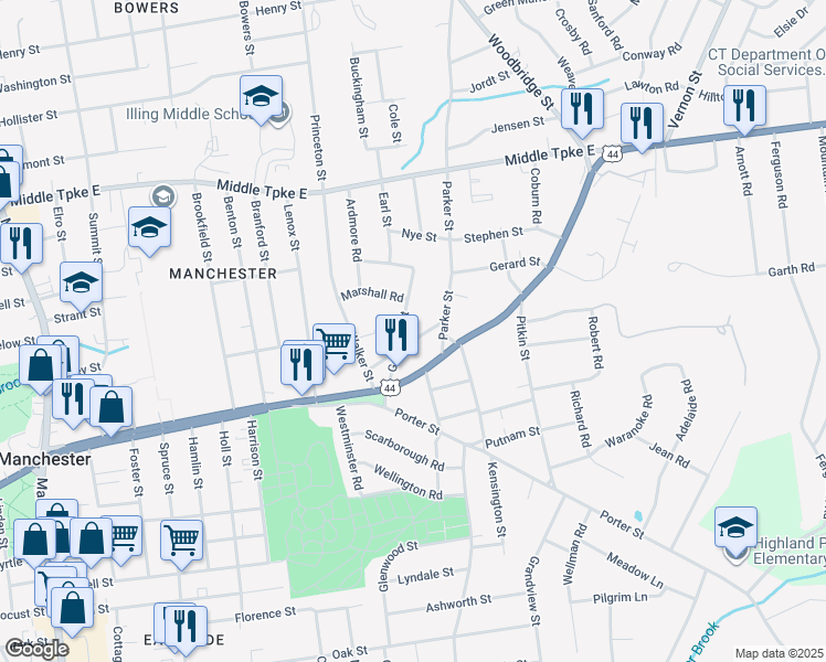 map of restaurants, bars, coffee shops, grocery stores, and more near 29 Franklin Street in Manchester