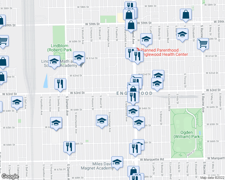 map of restaurants, bars, coffee shops, grocery stores, and more near 1718 West 63rd Street in Chicago