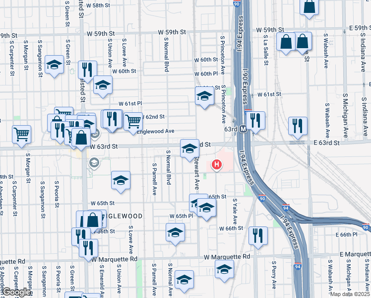 map of restaurants, bars, coffee shops, grocery stores, and more near 423 West 63rd Street in Chicago