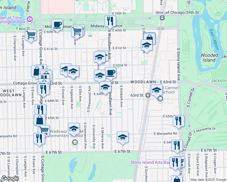 map of restaurants, bars, coffee shops, grocery stores, and more near 6306 South Woodlawn Avenue in Chicago
