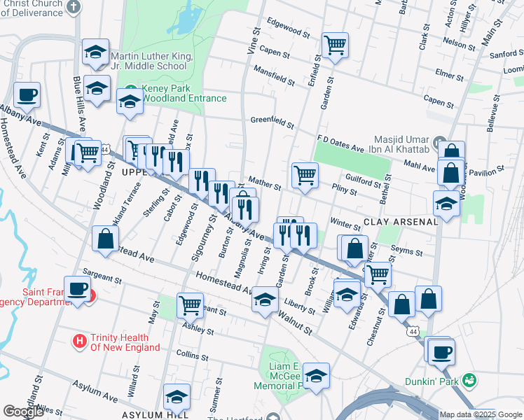 map of restaurants, bars, coffee shops, grocery stores, and more near 106 Magnolia Street in Hartford