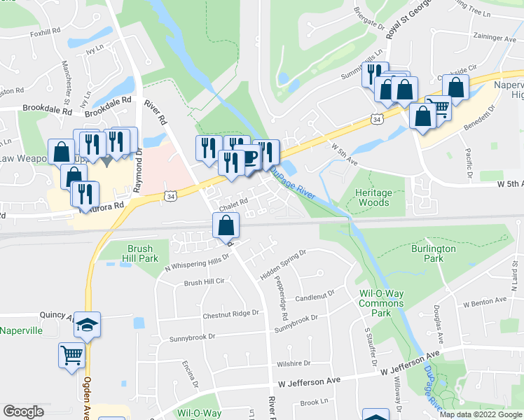 map of restaurants, bars, coffee shops, grocery stores, and more near 1230 Chalet Road in Naperville
