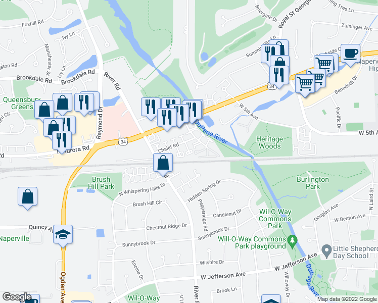 map of restaurants, bars, coffee shops, grocery stores, and more near 1230 Chalet Road in Naperville