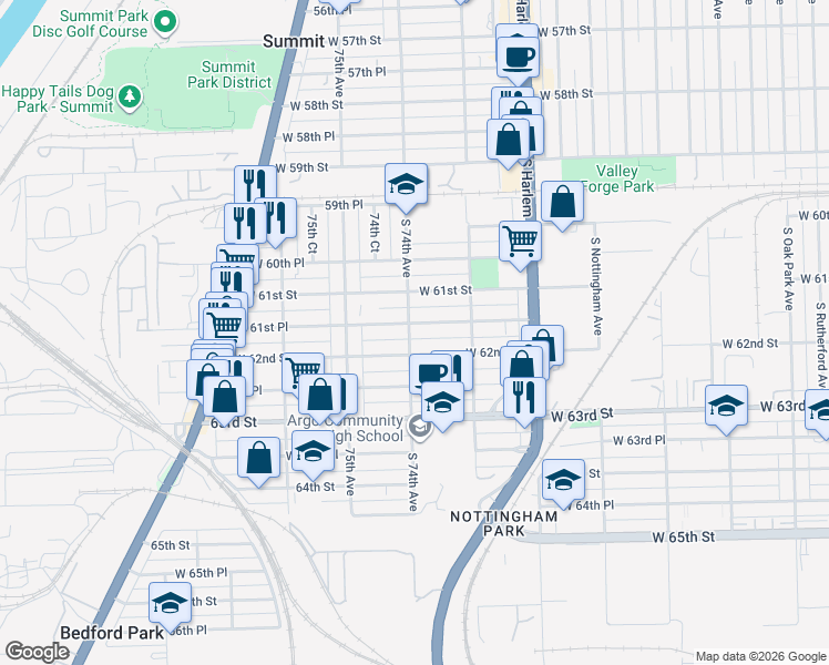 map of restaurants, bars, coffee shops, grocery stores, and more near 7341 West 61st Place in Summit