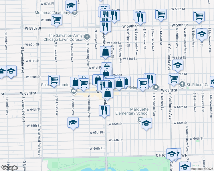 map of restaurants, bars, coffee shops, grocery stores, and more near 6237 South Kedzie Avenue in Chicago