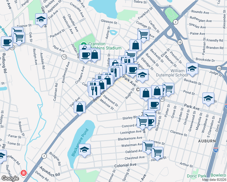 map of restaurants, bars, coffee shops, grocery stores, and more near 60 Essex Street in Cranston