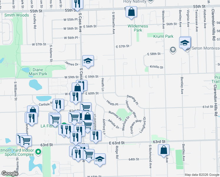 map of restaurants, bars, coffee shops, grocery stores, and more near 110 East 60th Street in Westmont