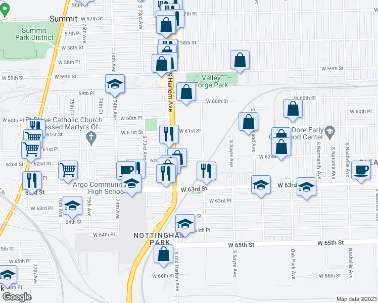 map of restaurants, bars, coffee shops, grocery stores, and more near 6135 South Harlem Avenue in Chicago