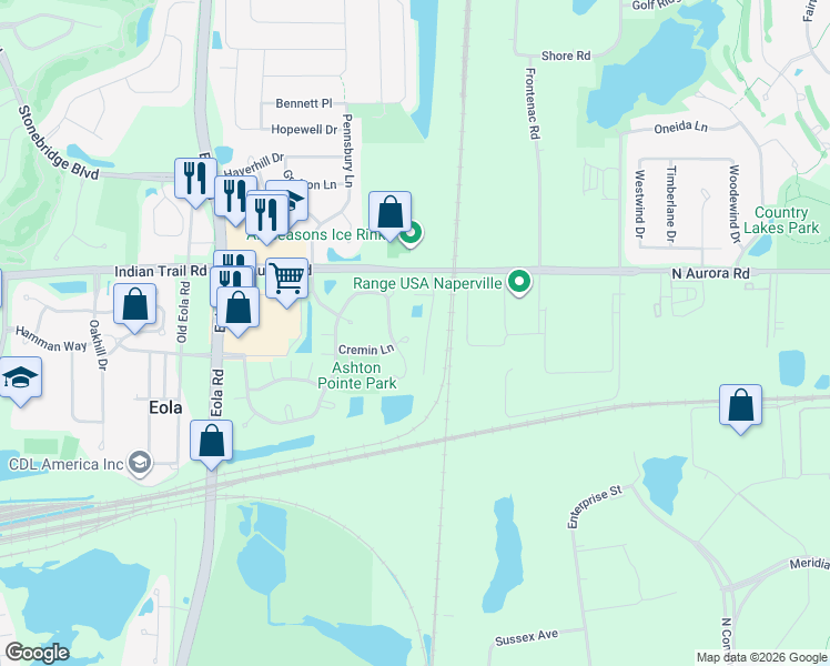 map of restaurants, bars, coffee shops, grocery stores, and more near 3351 Cremin Court in Aurora