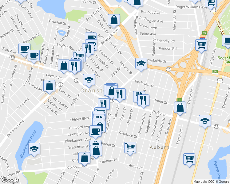 map of restaurants, bars, coffee shops, grocery stores, and more near 296 Pontiac Ave in Cranston